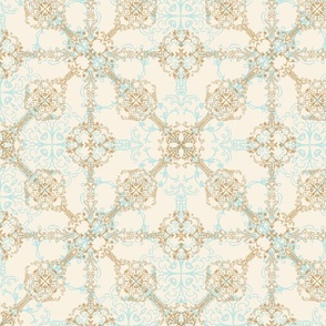 Hand-drawn Tile Filigree on white/ivory with  brownish gold & light teal (large scale)