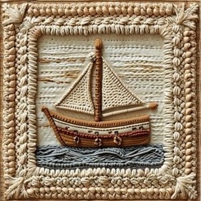 Cute Crochet Sailboat / Fabric / Wallpaper / Home Decor / Upholstery / Clothing
