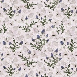 White Butterflies Thistle And Greenery On Subtle Lavender Ground Small Scale