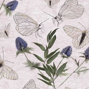 White Butterflies Thistle And Greenery On Subtle Lavender Ground Large Scale