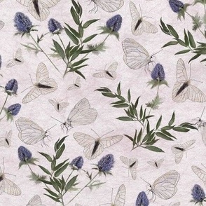 White Butterflies Thistle And Greenery On Subtle Lavender Ground Medium Scale