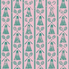 Badminton racket and shuttlecock block print in pink and green