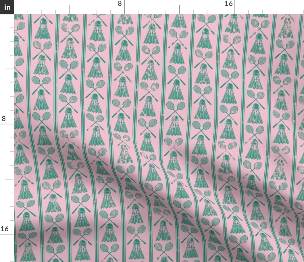 Badminton racket and shuttlecock block print in pink and green