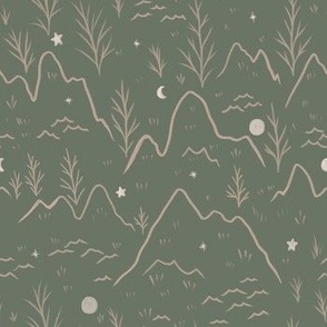 (small)Night Mountain with dry trees, stars, crescent moon, lines in muted colors