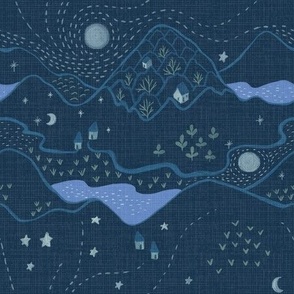 Line of mountains, rivers, moon, stars in dark blue-dotted line