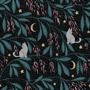 Wisteria flowers-Cats - stars - crescent moon-Hand-drawn - Black-Green