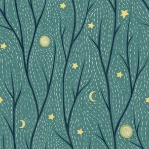 Leafless forest-woodland- sparkling stars - moon-starry night-Hand-drawn-Green-Yellow-