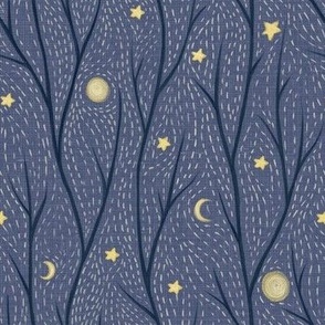 Leafless forest-woodland- sparkling stars - moon-starry night-Hand-drawn-deep blue