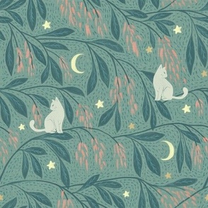 Wisteria flowers-Cats - stars - crescent moon-Hand-drawn - Green-Sage