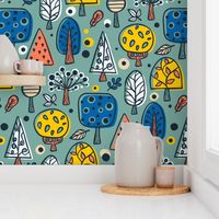 (L) Colorful Forest Trees Geometric / Deep Mid Century Blue Version / Large Scale or Wallpaper
