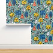 (L) Colorful Forest Trees Geometric / Deep Mid Century Blue Version / Large Scale or Wallpaper
