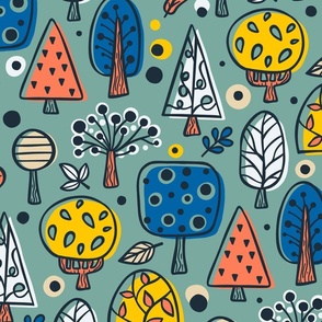 (L) Colorful Forest Trees Geometric / Deep Mid Century Blue Version / Large Scale or Wallpaper