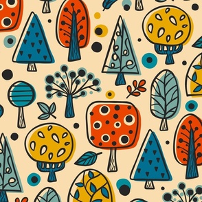 (L) Colorful Forest Trees Geometric / Nostalgic Blue Version / Large Scale or Wallpaper
