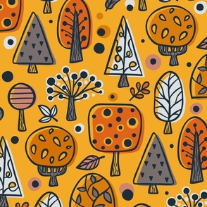 (L) Colorful Forest Trees Geometric / Nostalgic Yellow Version / Large Scale Or Wallpaper