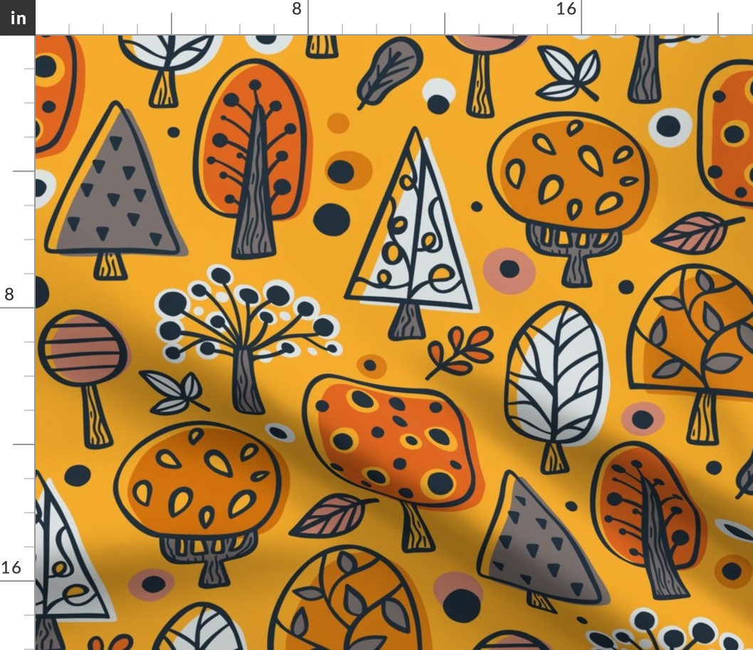 (L) Colorful Forest Trees Geometric / Nostalgic Yellow Version / Large Scale Or Wallpaper