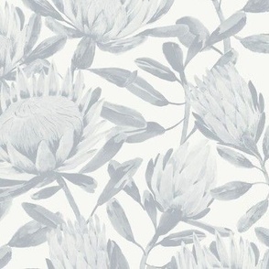 Small Handpainted Watercolor King Proteas in Dulux Aerobus Grey with Vivid White Background in a Half Drop