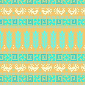 Abundance Force - Spiritual Strength - Bird - Sprouts - Slavic Pagan Symbol - Folk Ornament Pattern- Cyan Blue on Golden Light Brown Pastel - Middle