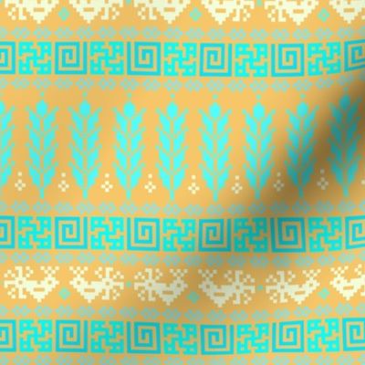 Abundance Force - Spiritual Strength - Bird - Sprouts - Slavic Pagan Symbol - Folk Ornament Pattern- Cyan Blue on Golden Light Brown Pastel - Small