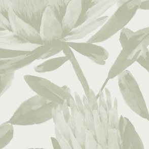 Medium Watercolor King Protea in Monochrome Dulux White Cabbage Green with Casper White Quarter Background