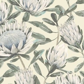 Small Hand Painted Watercolor White King Protea with Dulux Artic Daisy Quarter Light Yellow Background