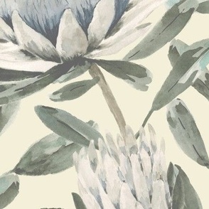 Medium Hand Painted Watercolor White King Protea with Dulux Artic Daisy Quarter Light Yellow Background