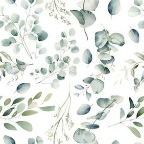 Eucalyptus green watercolor leaves on white clean pure background botanical plants nature pattern design_small scale