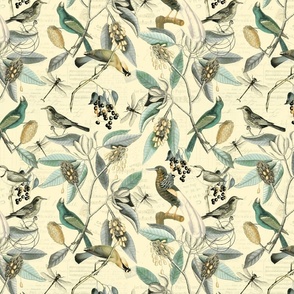 Vintage Magnolia Flowers And Birds Pattern Beige Teal Smaller Scale