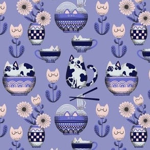 cats and bowls - small scale - lilac