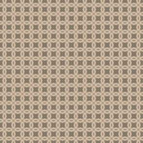 Neutral blender with sage green geometric abstract flowers or stars on a beige brown background - great quilt fabric with an eclectic and boho chic vibe 
