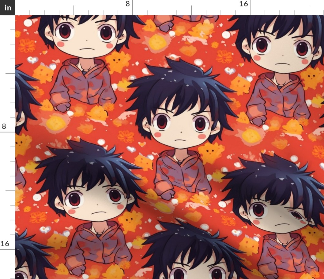 Kawaii anime boy in red orange and gold