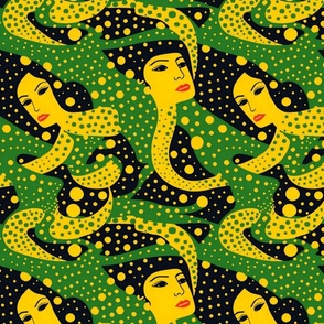 Polka dot snake in the garden of eden in yellow green and black