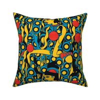 Egyptian Pharaoh Queen Cleopatra in a yellow blue and red polka dot geometric field