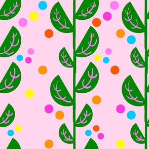 Bold, Bright Spring Garden Flowers Stems And Leaves In Green With Blue, Pink, Orange And Yellow Polka Dots On Pastel Pink