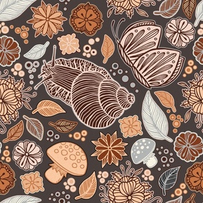 Hand Drawn Snails Leaves and Flowers Textured Pattern