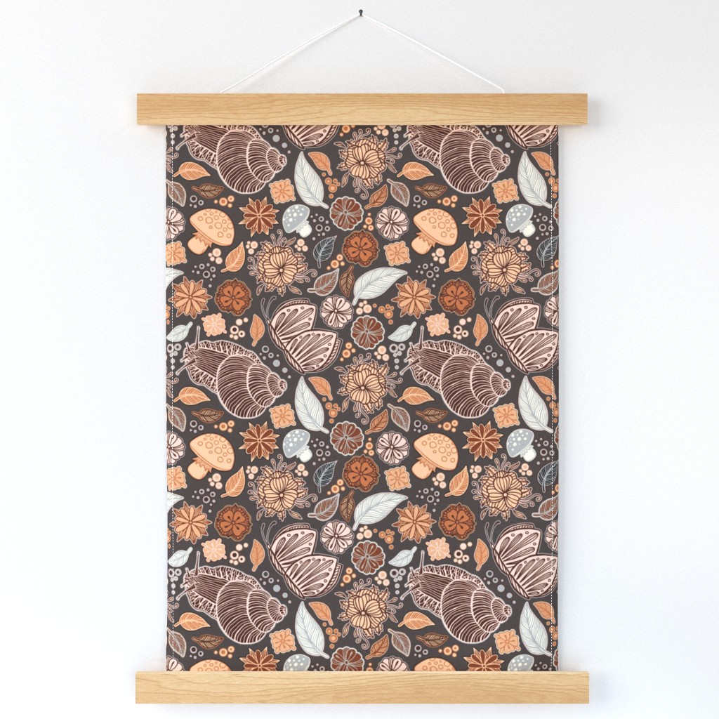 Hand Drawn Snails Leaves and Flowers Pattern with Texture