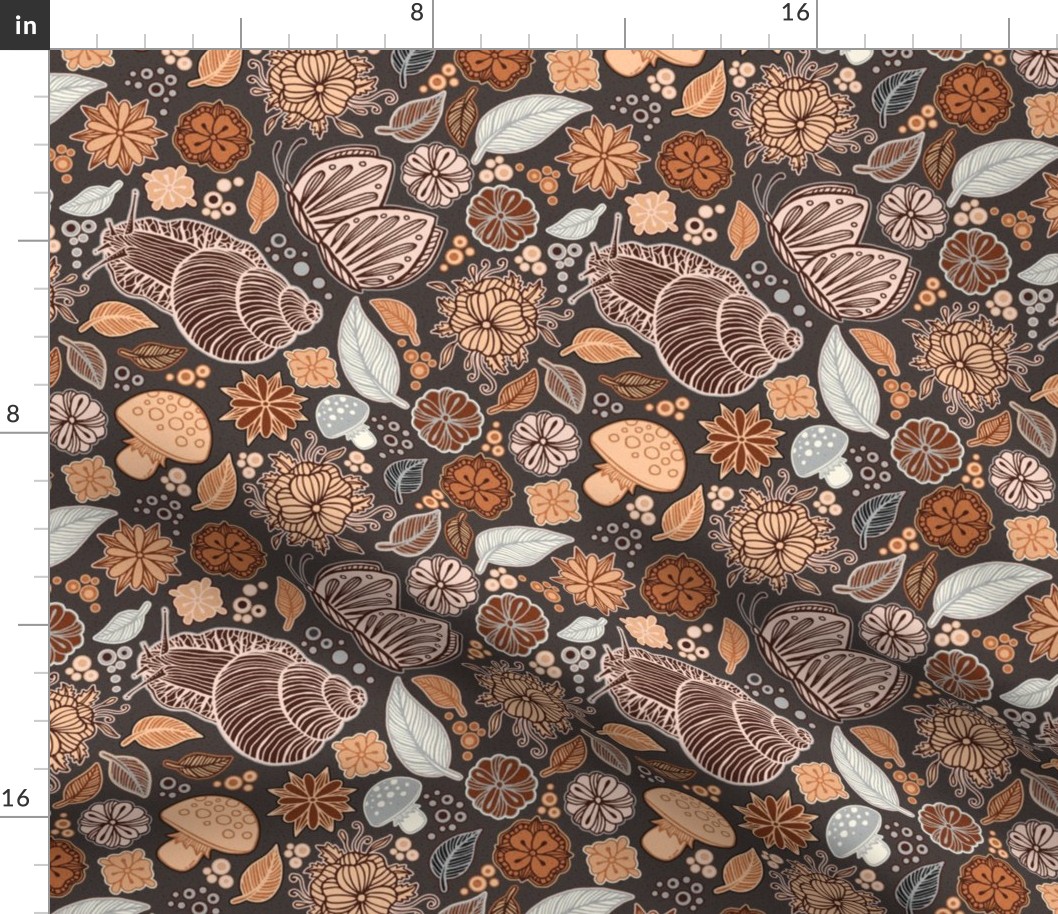 Hand Drawn Snails Leaves and Flowers Pattern with Texture