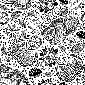 Hand Drawn Black Line Art Snails Leaves and Flowers on White
