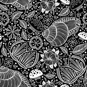 Hand Drawn White Line Art Snails Leaves and Flowers on Black