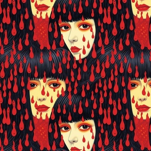 black and red gothic girl in bangs in the falling blood rain