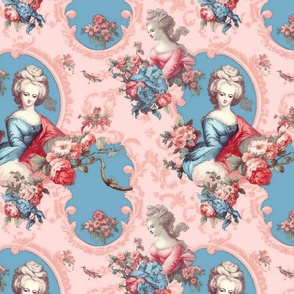 rococo fashion frames of french queen marie antoinette in blue and pink