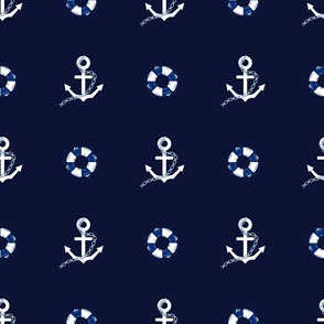 Anchors and Lifebuoys on Dark Blue Background