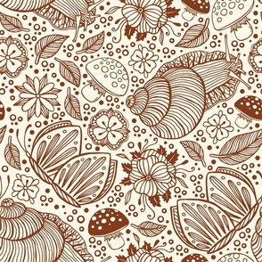 Hand Drawn Beige Line Art Snails Leaves and Flowers