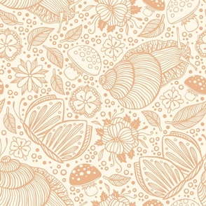 Hand Drawn Orange Line Art Snails Leaves and Flowers