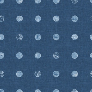 Medium - Chambray denim polka dots on an indigo blue, faux denim woven textured background. 