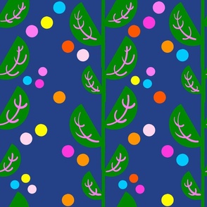 Bold, Bright Spring Garden Flowers Stems And Leaves In Green With Turquoise Blue, Pink, Orange And Yellow Polka Dots On Navy Blue