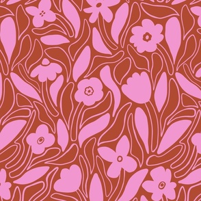 Bold freehand modern floral in terracotta red and pink - Large scale