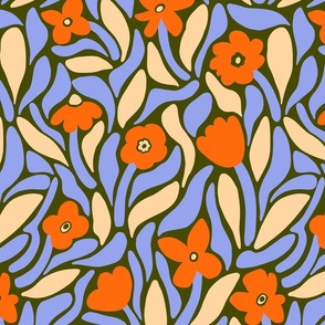 Bold modern flowers with abstract leaf shapes in blue and orange - large scale