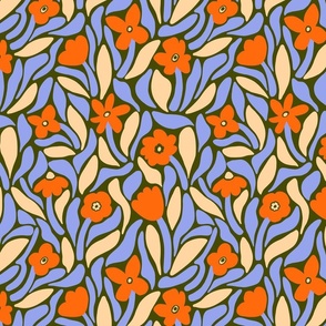 Bold modern flowers with abstract leaf shapes in blue and orange - medium scale
