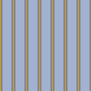 5" wide bands of baby blue with blue nova and golden yellow vertical stripes create a traditional style living room wallpaper, also called empire stripe. 