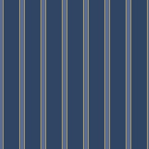 5" wide bands of deep navy blue with narrow blue nova and golden yellow vertical stripes create a traditional style living room wallpaper, also called empire stripe. 